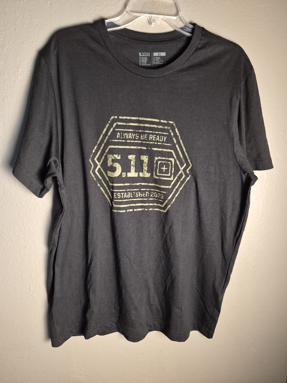 5.11 Tactical Black Tee with Faded Yellow Crest Print